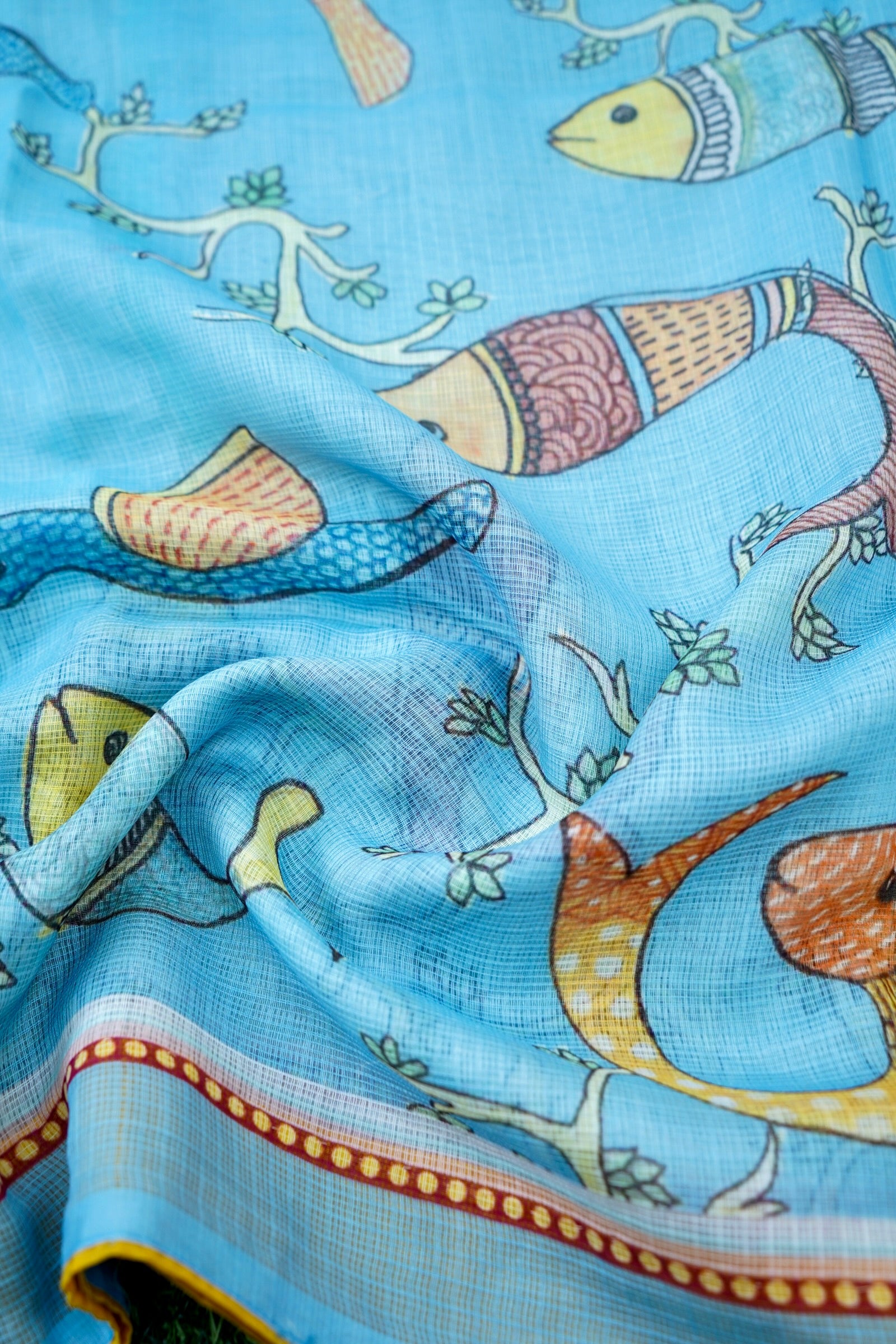 Matsya Gond Print Kota Silk Saree in Sky Blue - Khinkhwab