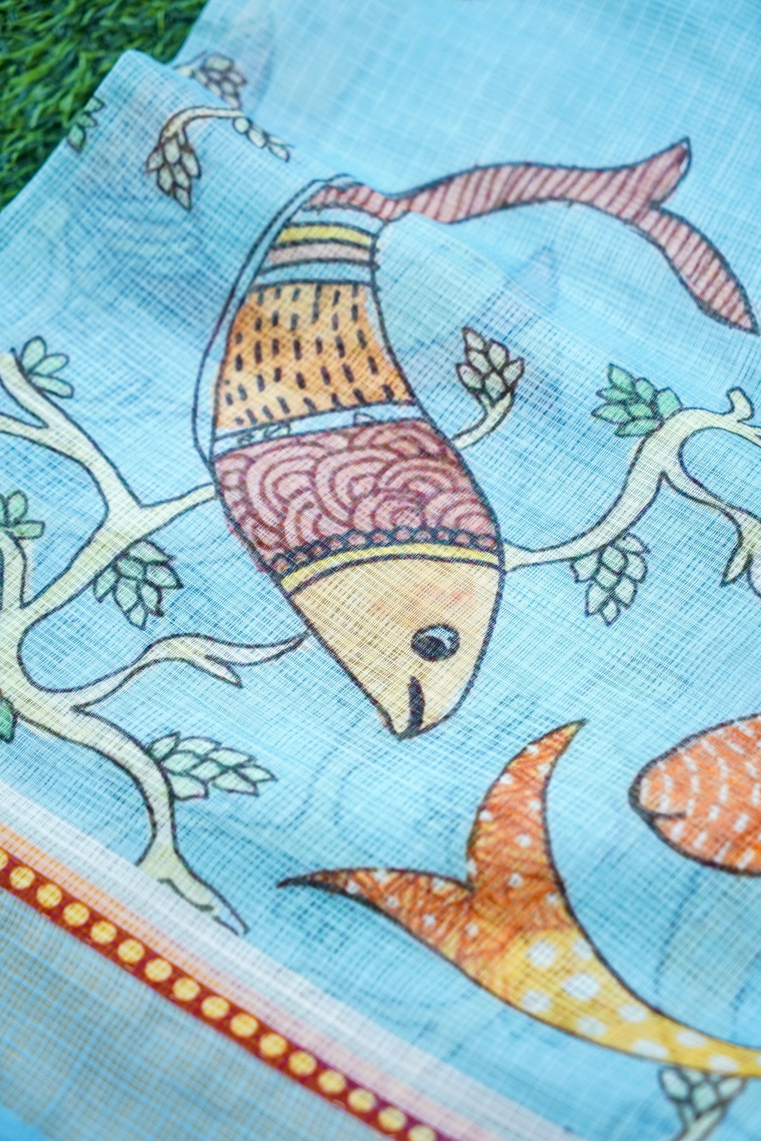 Matsya Gond Print Kota Silk Saree in Sky Blue - Khinkhwab