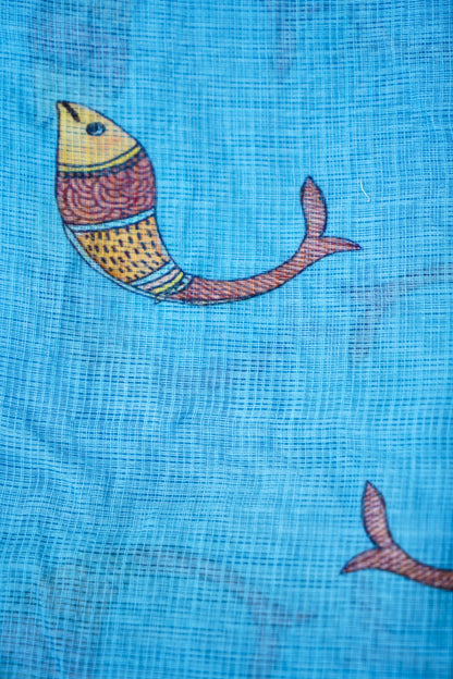 Matsya Gond Print Kota Silk Saree in Sky Blue - Khinkhwab