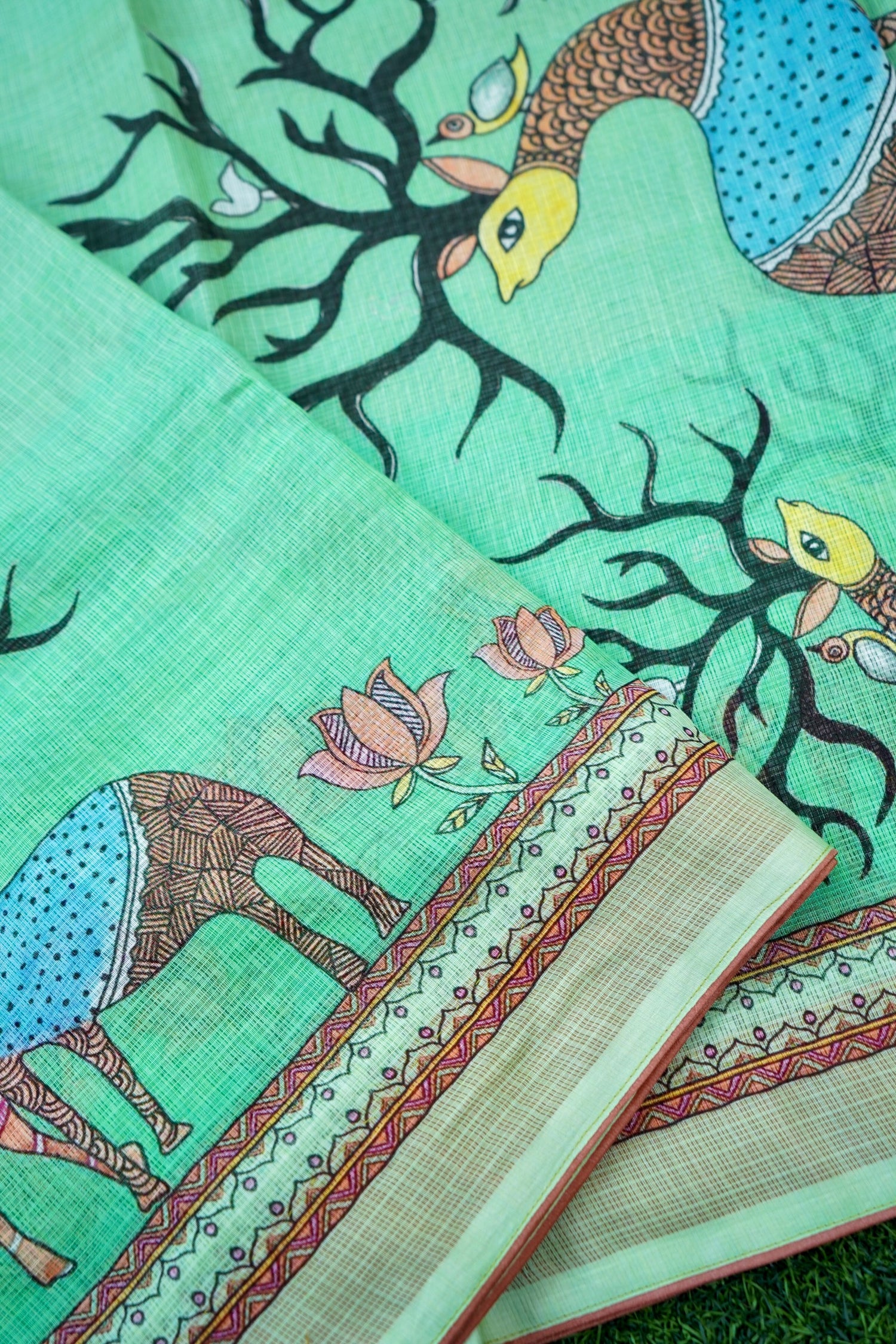 Kasturi Gond Print Kota Saree in Mint Green - Khinkhwab