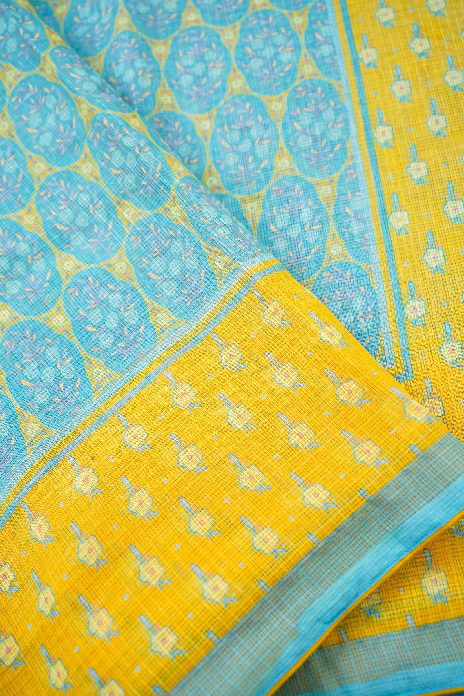 Finch Yellow &amp; Blue Titli Print Kota Saree - Khinkhwab