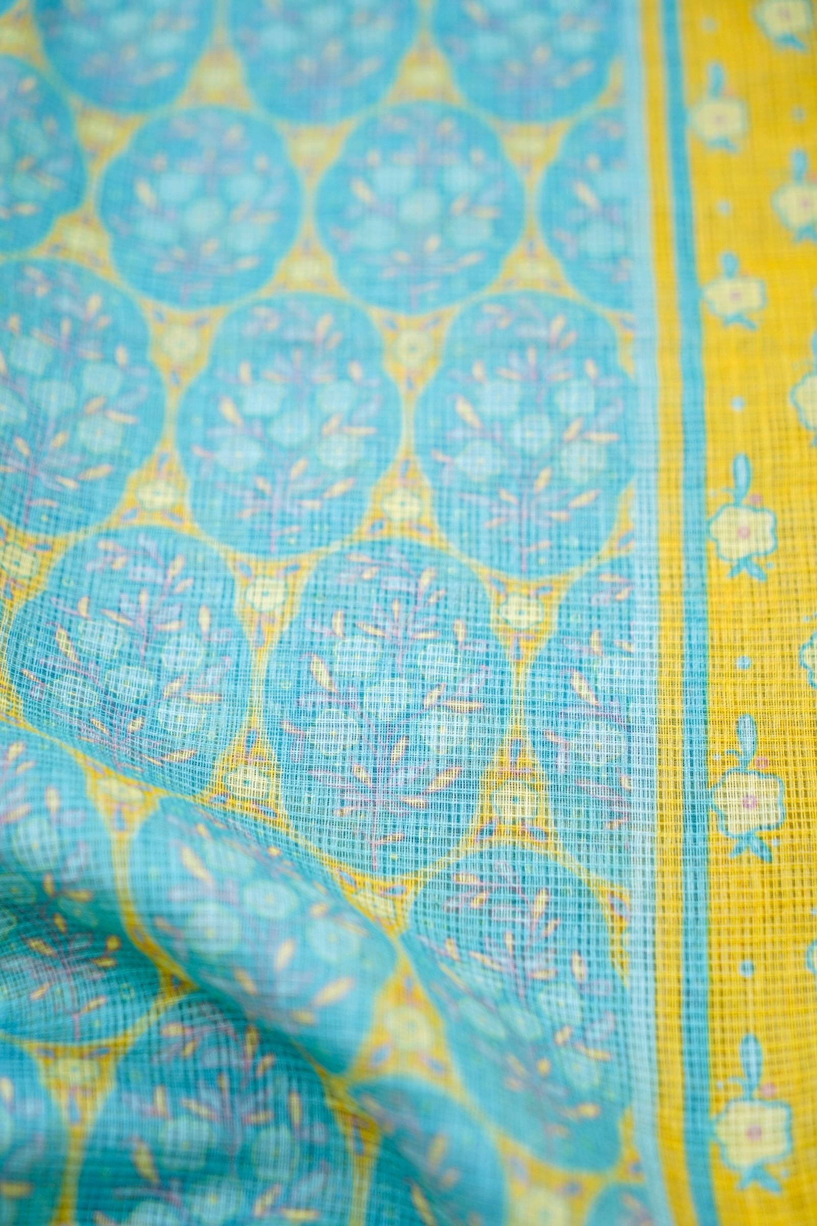 Finch Yellow &amp; Blue Titli Print Kota Saree - Khinkhwab