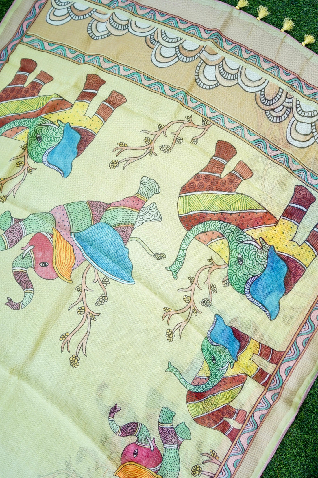 Gaj Gond Print Kota Saree in Lemon Yellow - Khinkhwab