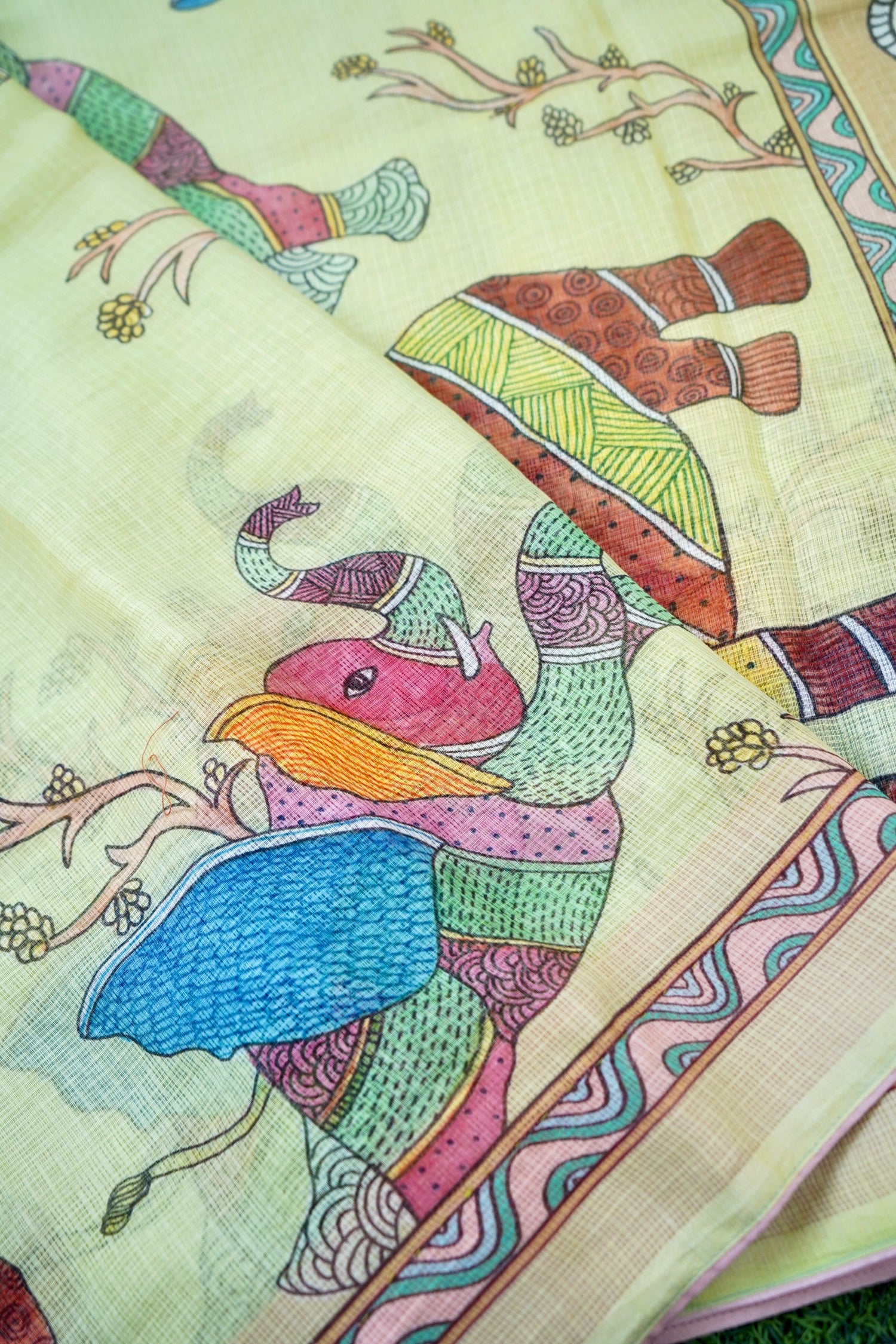 Gaj Gond Print Kota Saree in Lemon Yellow - Khinkhwab