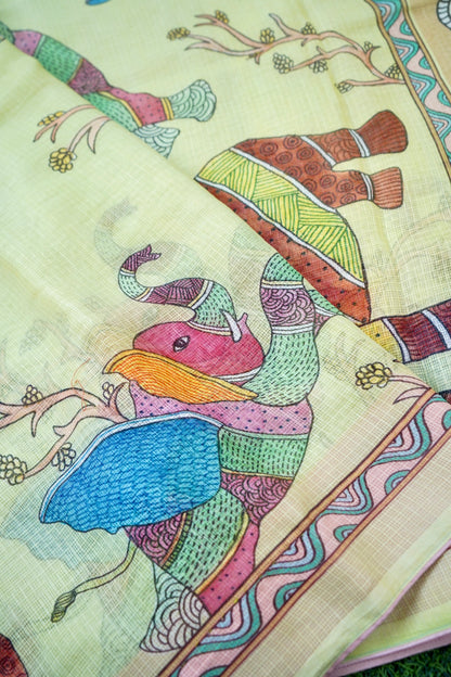 Gaj Gond Print Kota Saree in Lemon Yellow - Khinkhwab