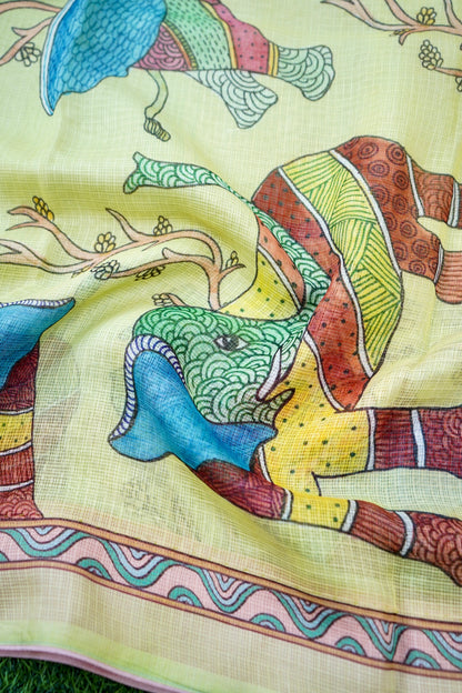 Gaj Gond Print Kota Saree in Lemon Yellow - Khinkhwab
