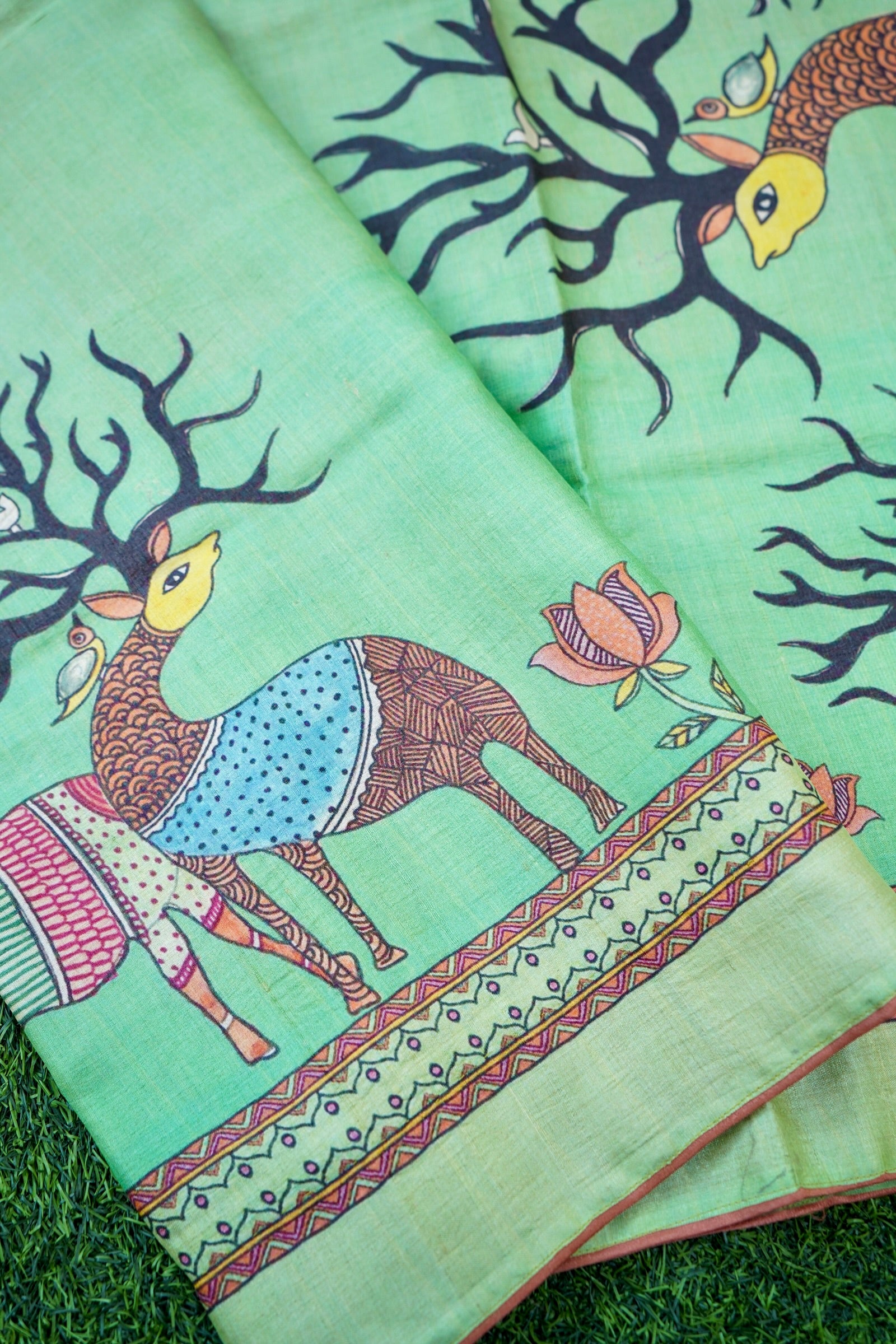 Kasturi Gond Print Tussar Saree in Mint Green - Khinkhwab