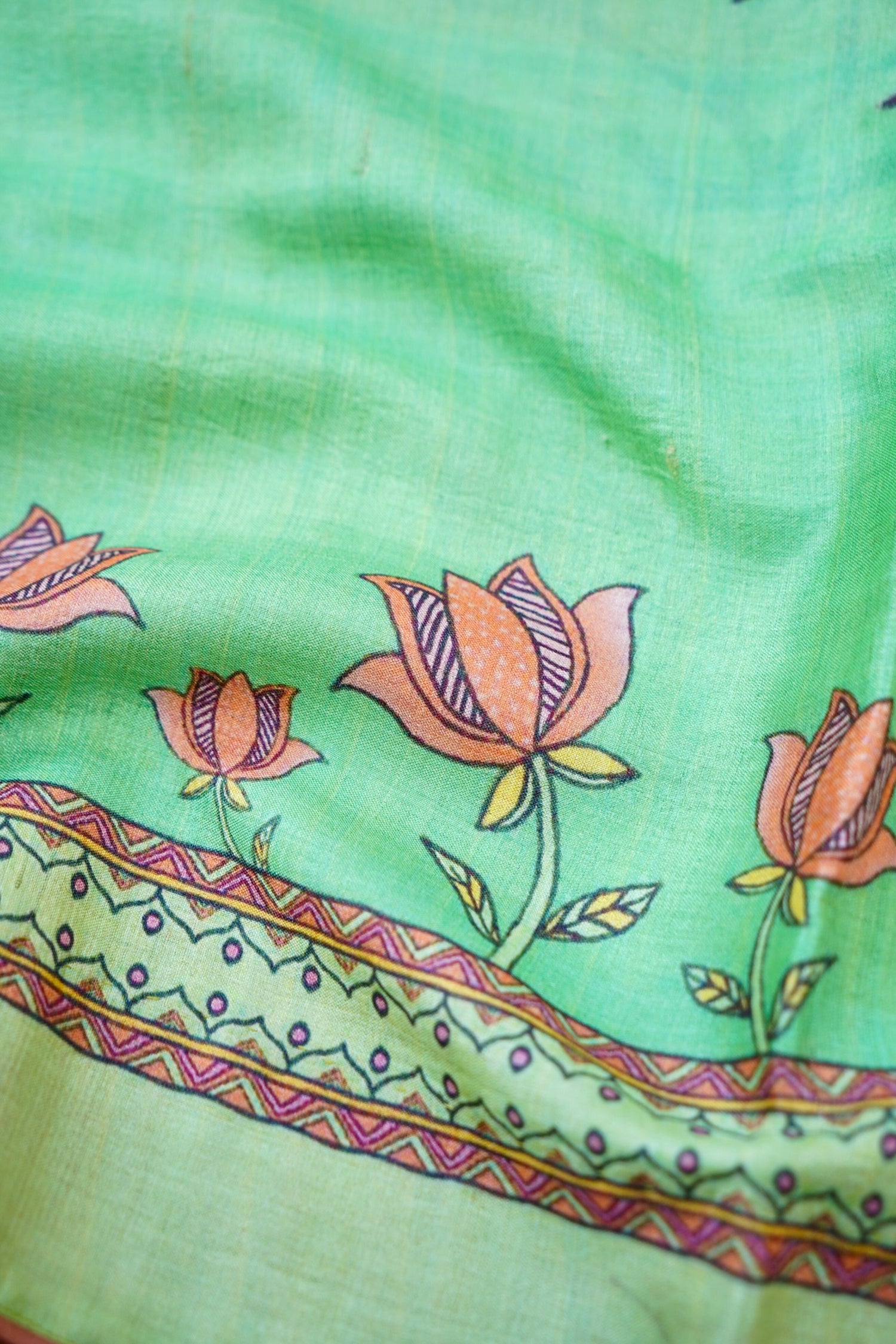 Kasturi Gond Print Tussar Saree in Mint Green - Khinkhwab