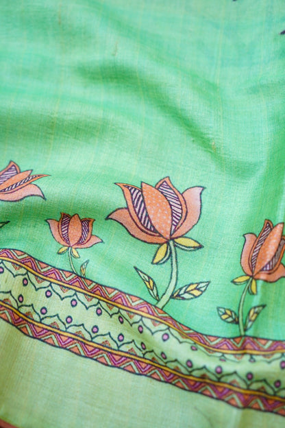 Kasturi Gond Print Tussar Saree in Mint Green - Khinkhwab