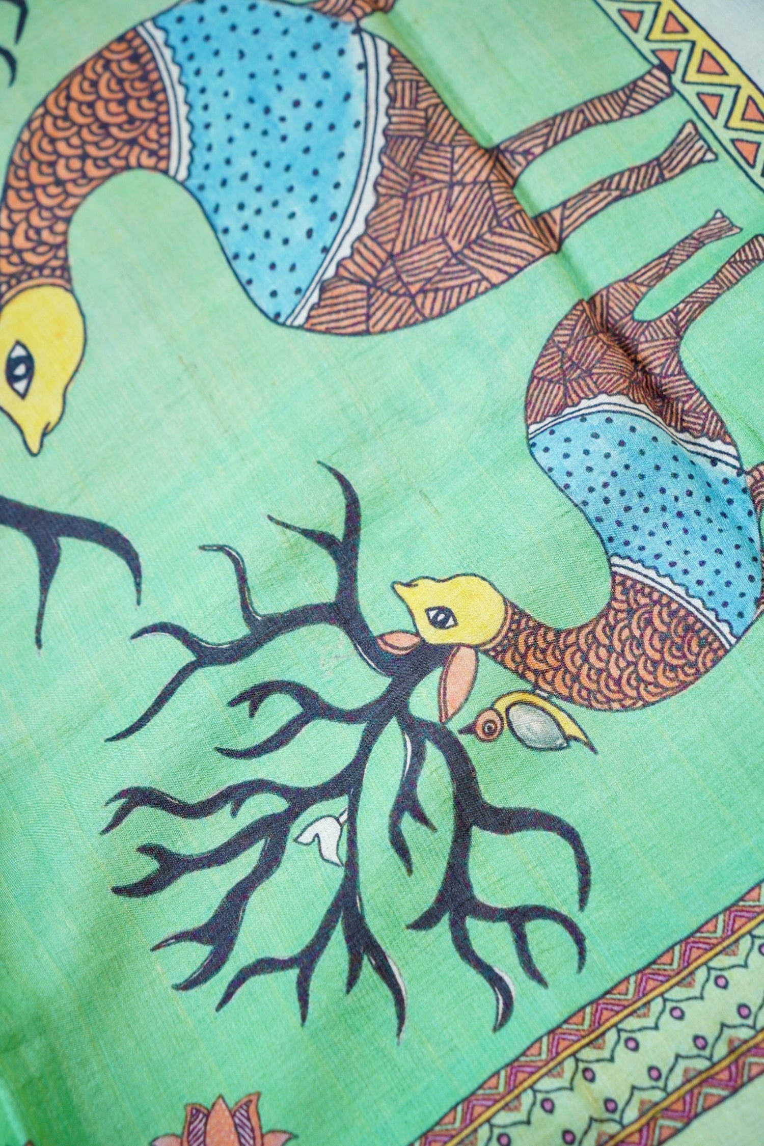 Kasturi Gond Print Tussar Saree in Mint Green - Khinkhwab