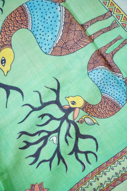 Kasturi Gond Print Tussar Saree in Mint Green - Khinkhwab