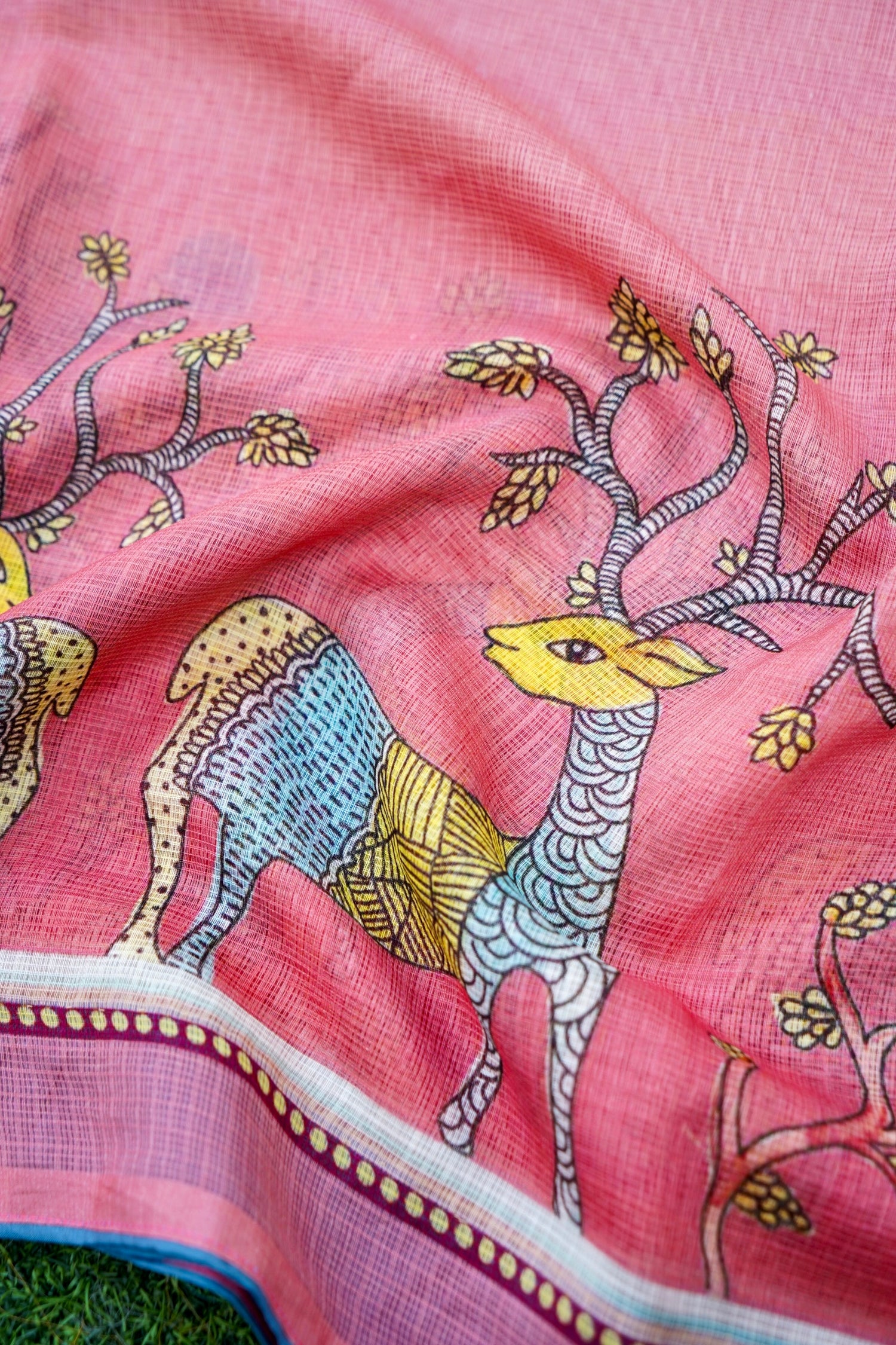 Kadamb Gond Print Kota Saree in Rose - Khinkhwab