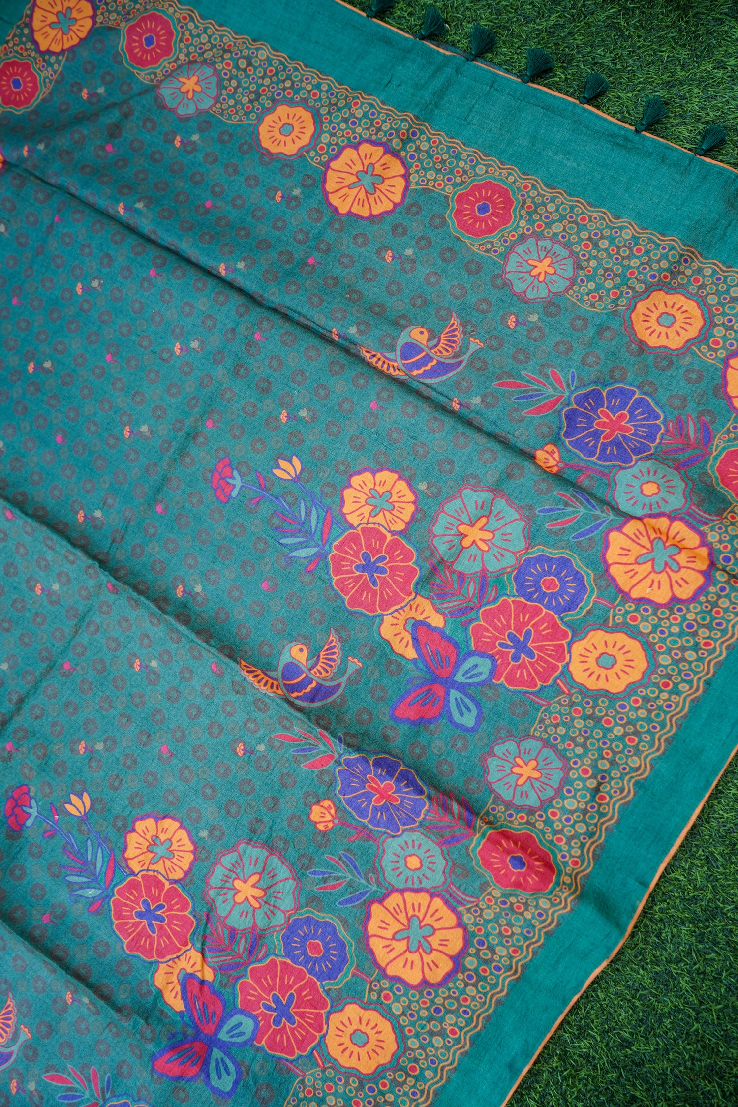Jay Teal &amp; Multicolour Titli Print Tussar Saree - Khinkhwab