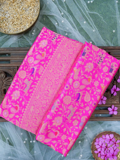 Handloom Banarasi Katan Silk Shikargah Saree | Pink - Khinkhwab