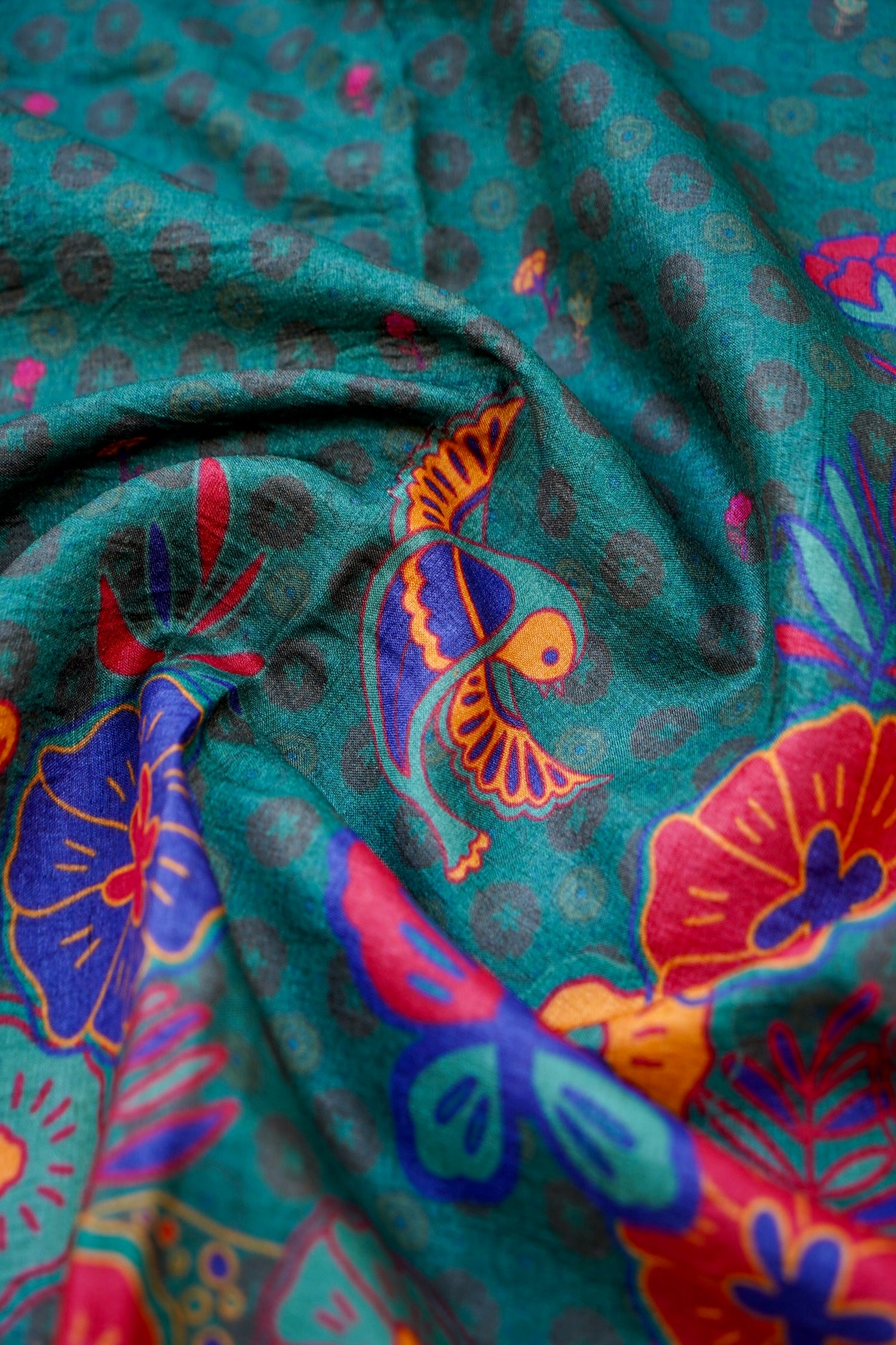 Jay Teal &amp; Multicolour Titli Print Tussar Saree - Khinkhwab