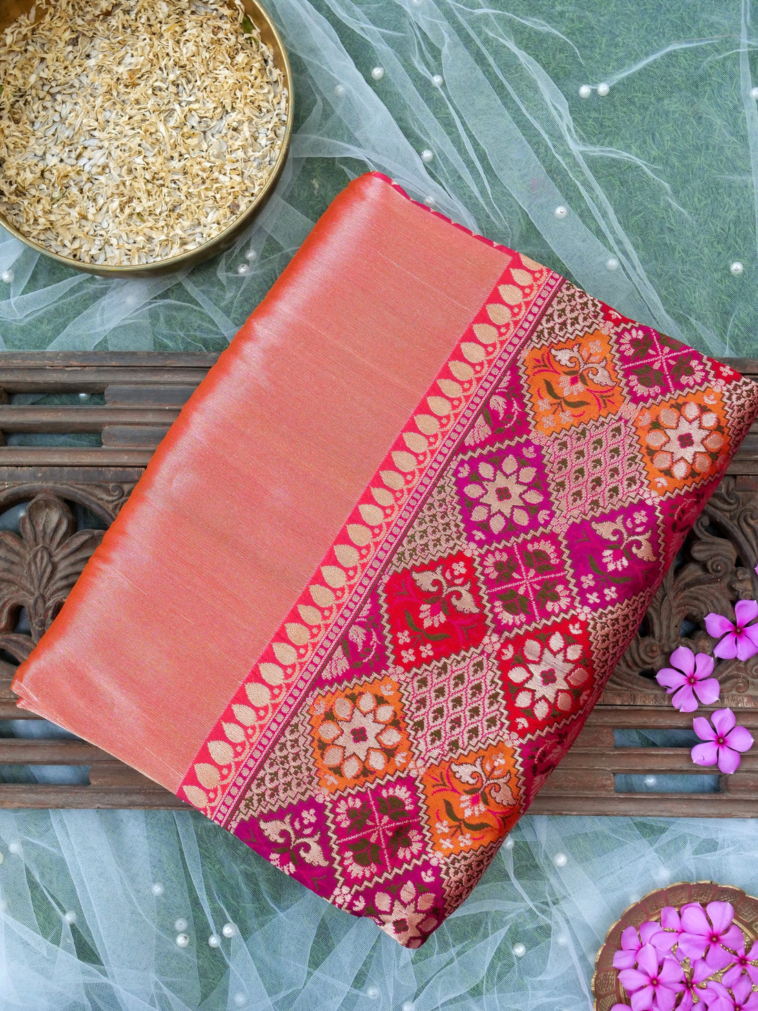 Banarasi Pure Silk Tissue Saree with Patola Border | Peach - Khinkhwab