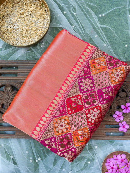 Banarasi Pure Silk Tissue Saree with Patola Border | Peach - Khinkhwab