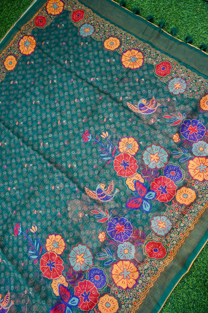 Jay Teal &amp; Multicolour Titli Print Kota Saree - Khinkhwab