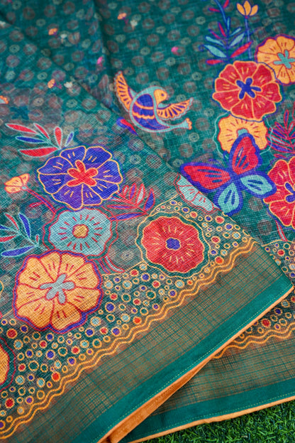 Jay Teal &amp; Multicolour Titli Print Kota Saree - Khinkhwab