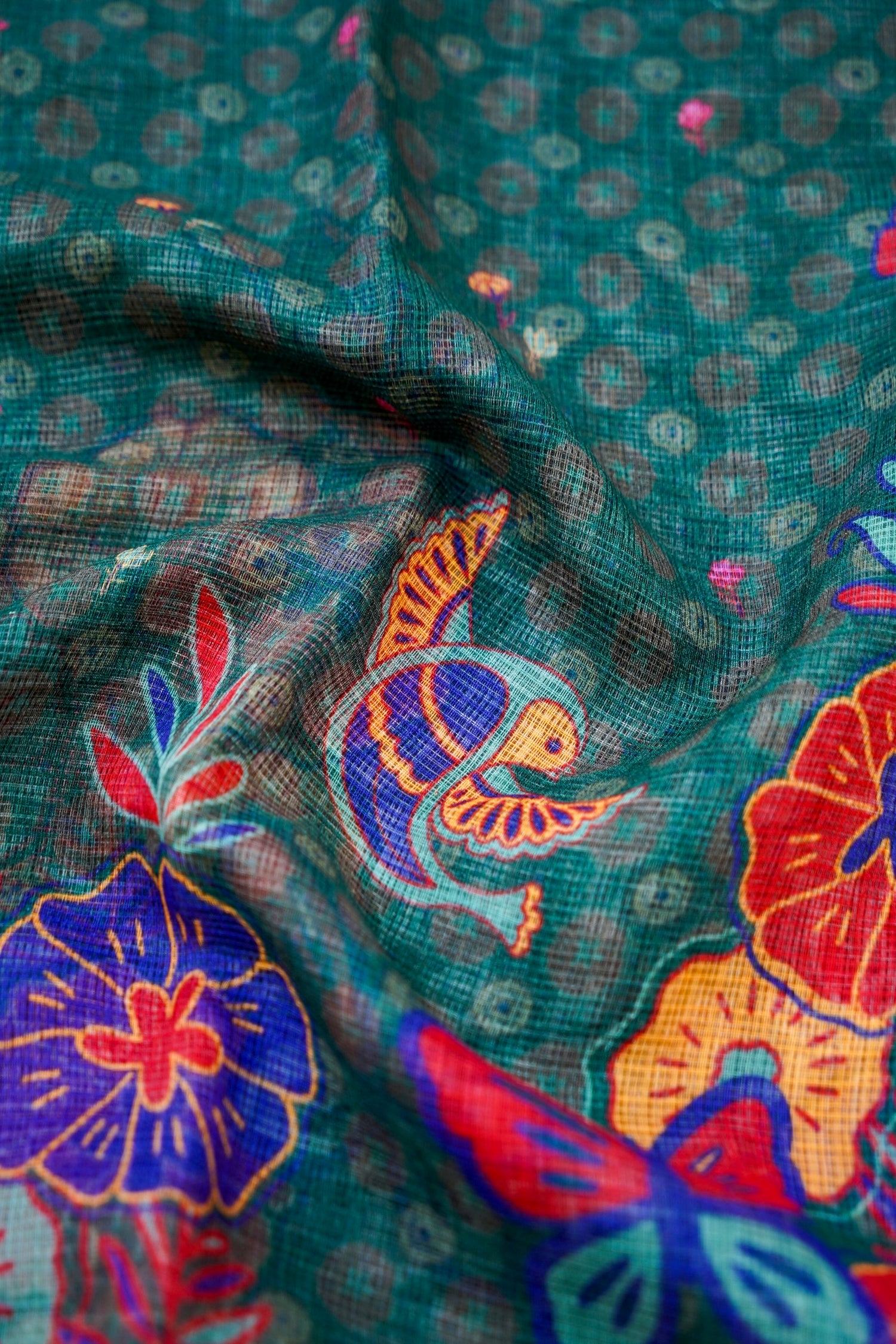 Jay Teal &amp; Multicolour Titli Print Kota Saree - Khinkhwab