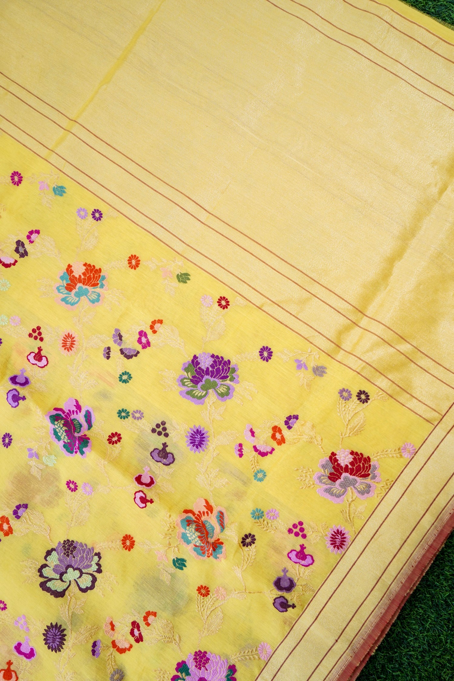 Banarasi Kora Cotton Kadwa Jangla Meenakari Handwoven Saree in Lemon Yellow - Khinkhwab