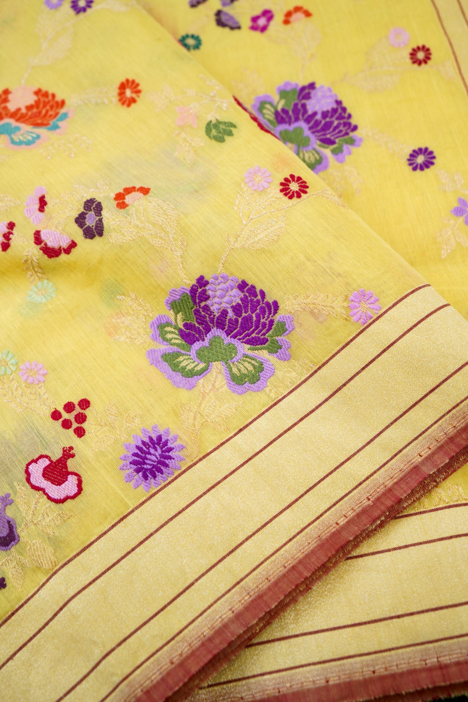 Banarasi Kora Cotton Kadwa Jangla Meenakari Handwoven Saree in Lemon Yellow - Khinkhwab