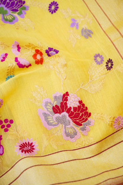 Banarasi Kora Cotton Kadwa Jangla Meenakari Handwoven Saree in Lemon Yellow - Khinkhwab
