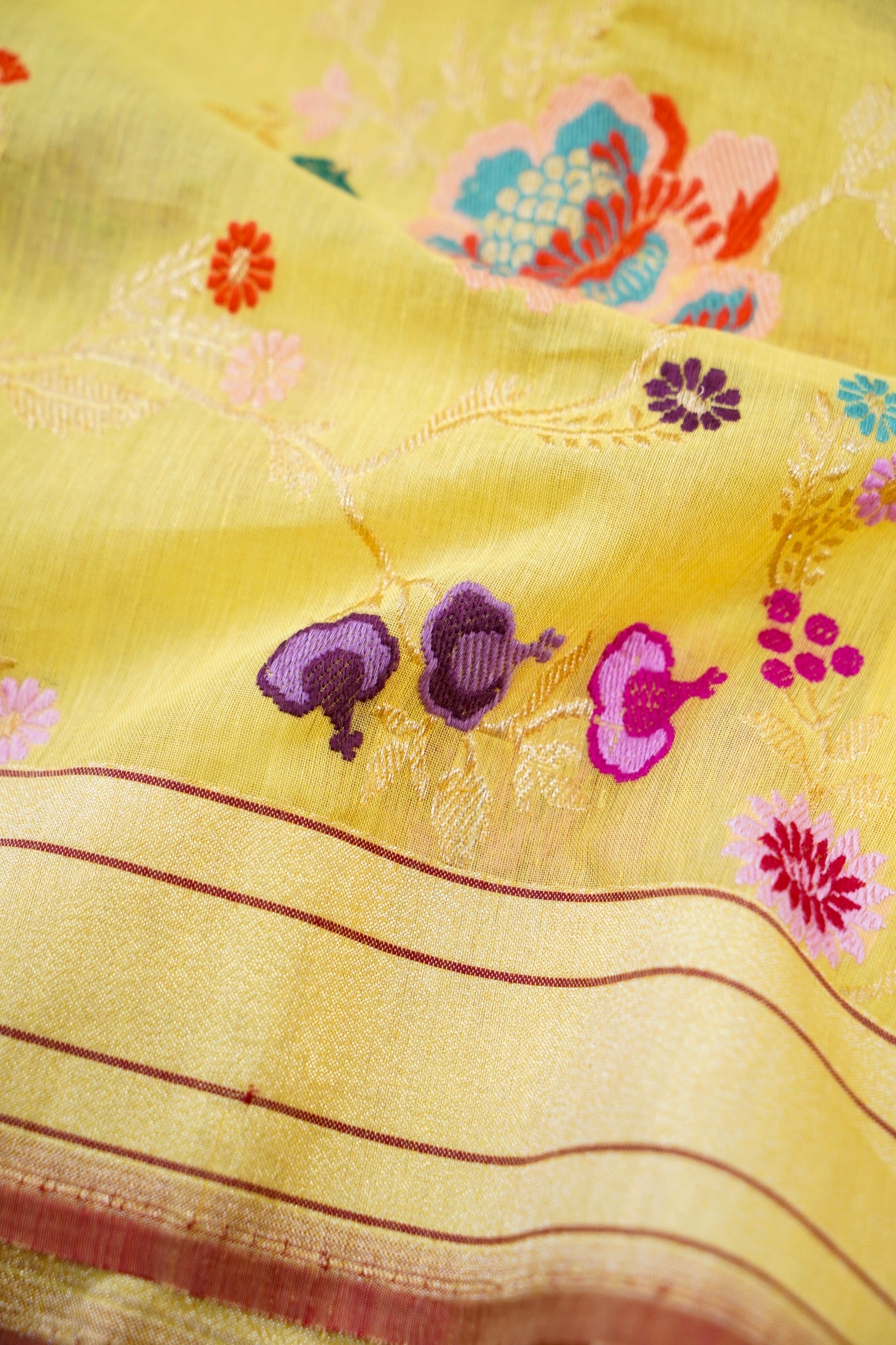 Banarasi Kora Cotton Kadwa Jangla Meenakari Handwoven Saree in Lemon Yellow - Khinkhwab