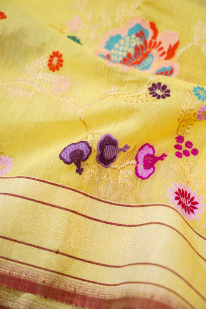 Banarasi Kora Cotton Kadwa Jangla Meenakari Handwoven Saree in Lemon Yellow - Khinkhwab
