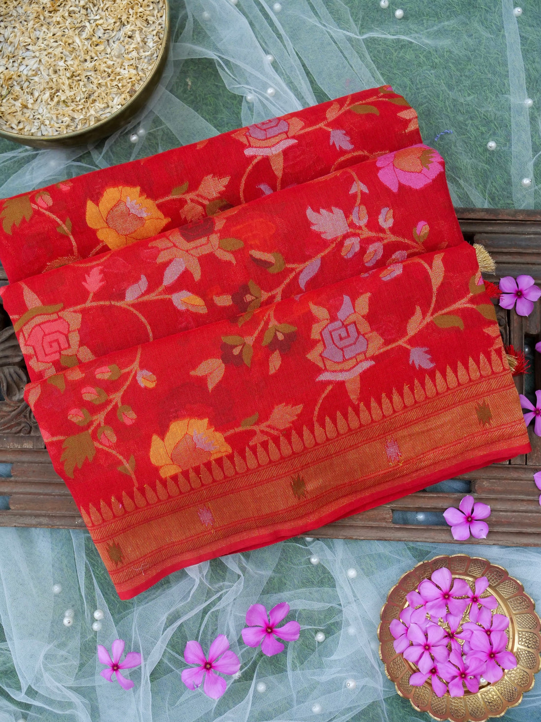Banarasi Cotton Ektara Saree with Floral Vine Jaal | Red - Khinkhwab