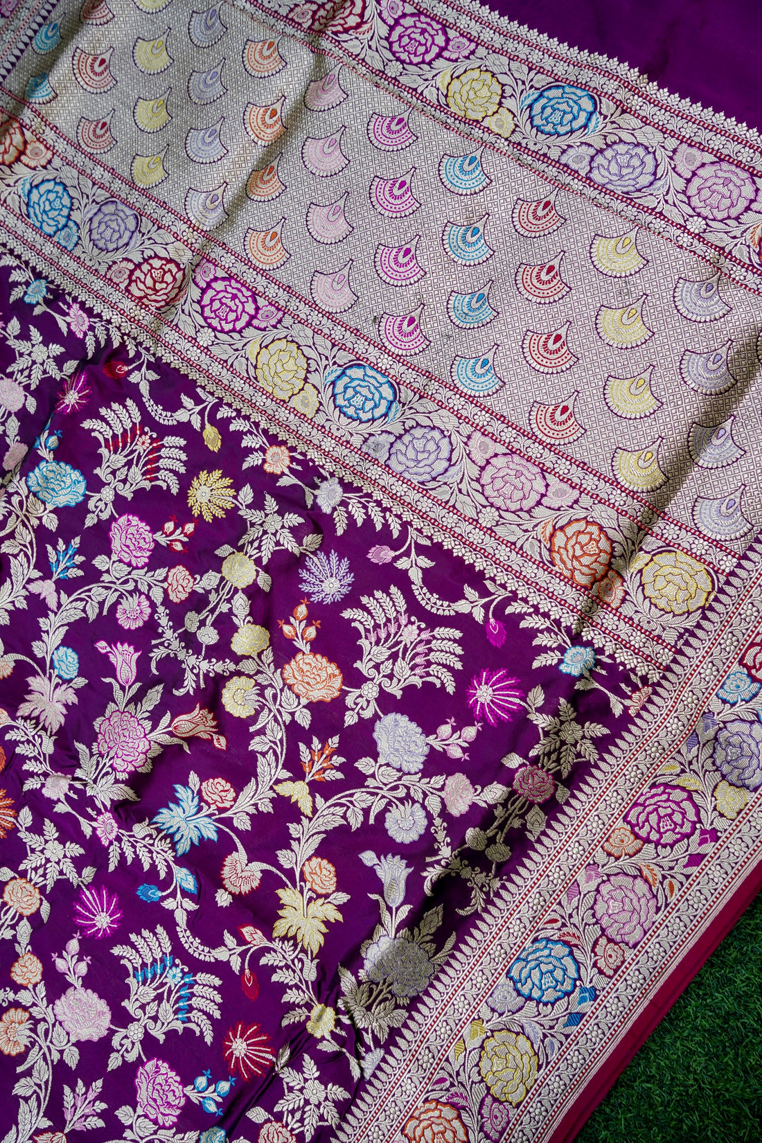 Banarasi Katan Silk Kadwa Jangla Meenakari Handwoven Saree in Deep Purple