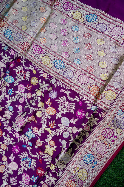 Banarasi Katan Silk Kadwa Jangla Meenakari Handwoven Saree in Deep Purple - Khinkhwab