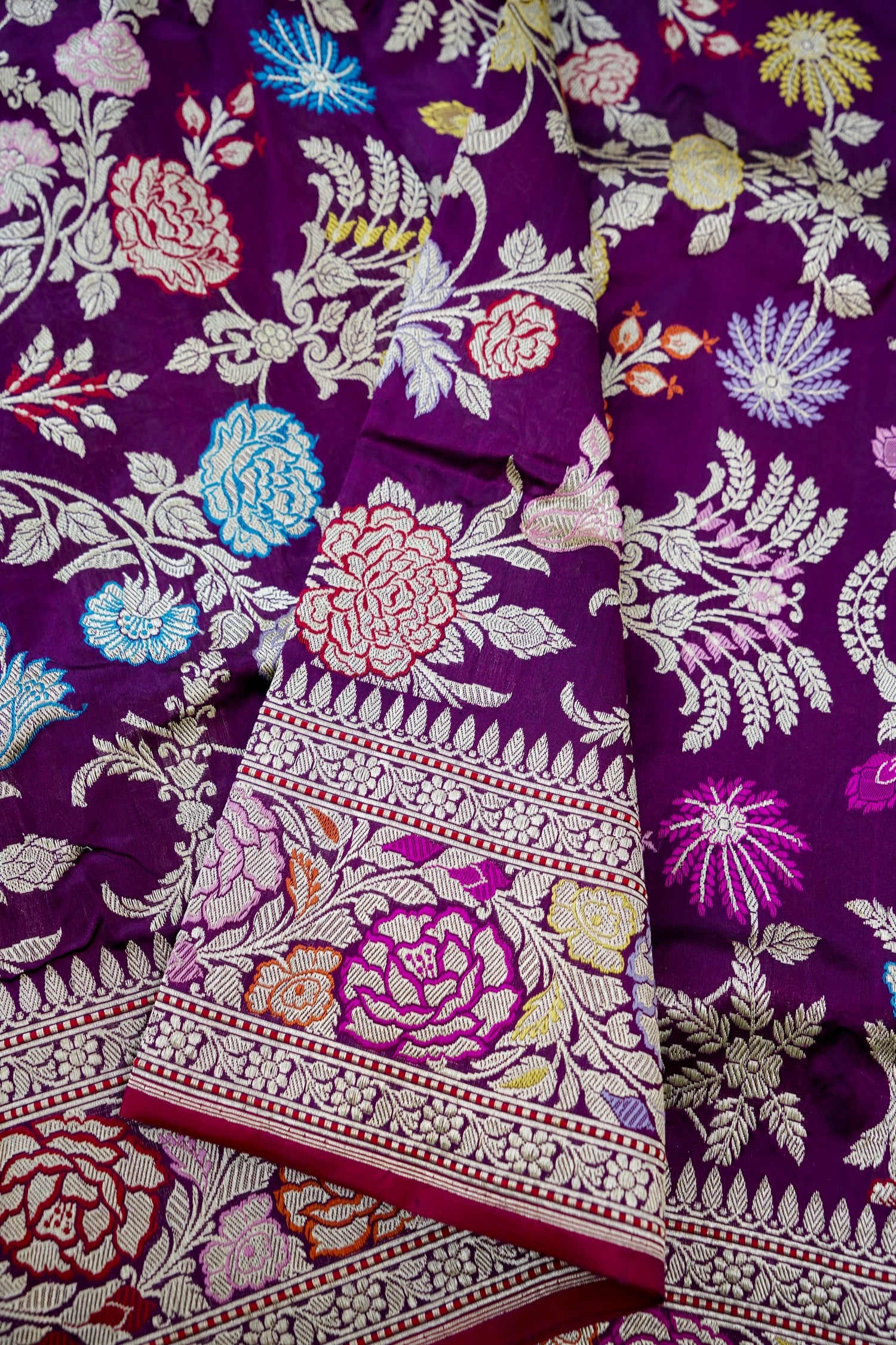 Banarasi Katan Silk Kadwa Jangla Meenakari Handwoven Saree in Deep Purple - Khinkhwab