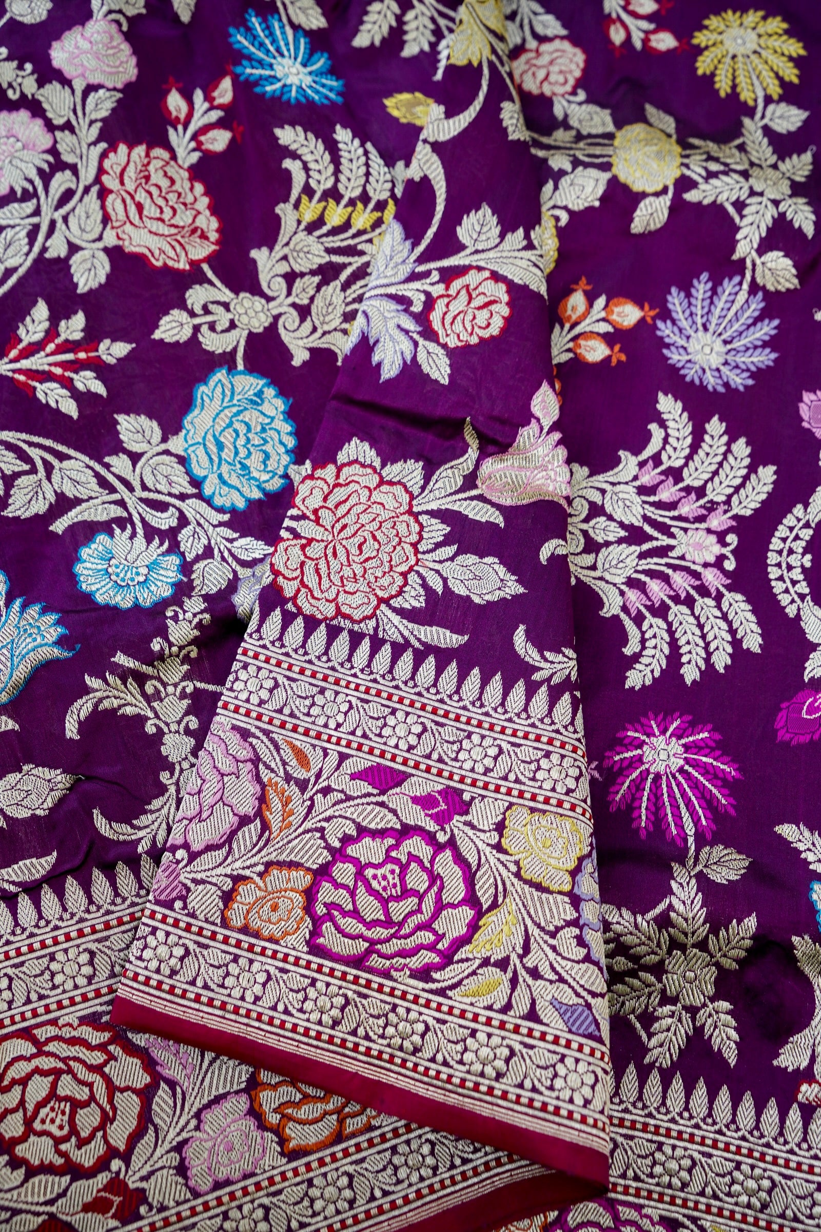 Banarasi Katan Silk Kadwa Jangla Meenakari Handwoven Saree in Deep Purple - Khinkhwab