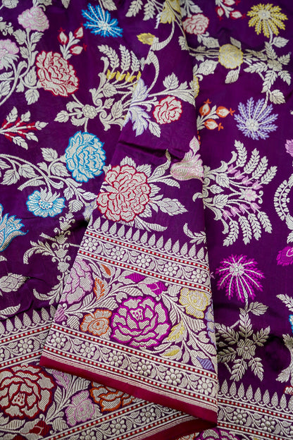 Banarasi Katan Silk Kadwa Jangla Meenakari Handwoven Saree in Deep Purple - Khinkhwab