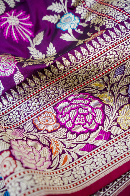 Banarasi Katan Silk Kadwa Jangla Meenakari Handwoven Saree in Deep Purple - Khinkhwab