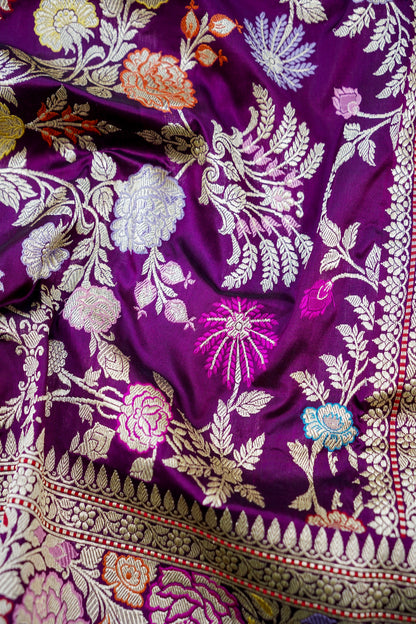 Banarasi Katan Silk Kadwa Jangla Meenakari Handwoven Saree in Deep Purple - Khinkhwab