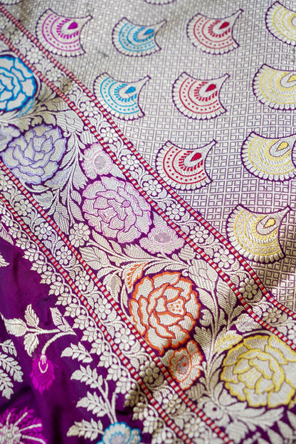Banarasi Katan Silk Kadwa Jangla Meenakari Handwoven Saree in Deep Purple - Khinkhwab