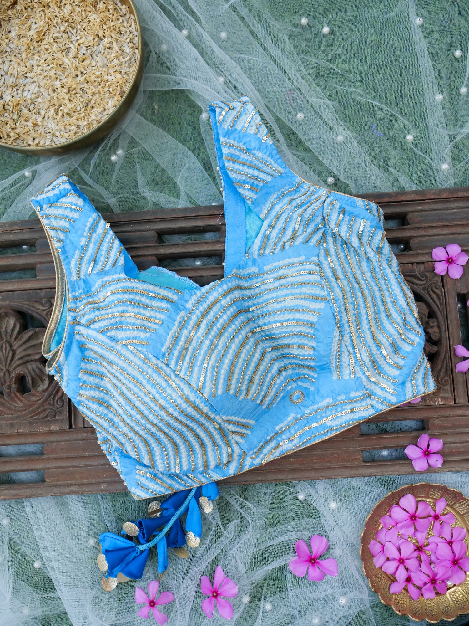 Organza Saree with Gajji Silk Bandhani Sequin Pallu | Royal Blue - Khinkhwab