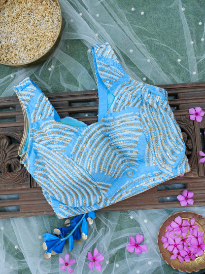 Organza Saree with Gajji Silk Bandhani Sequin Pallu | Royal Blue - Khinkhwab