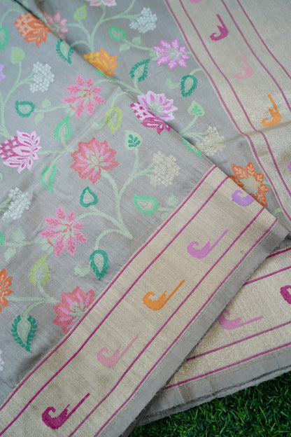 Banarasi Katan Silk Ektara Real Zari Handwoven Saree in Silver Grey - Khinkhwab