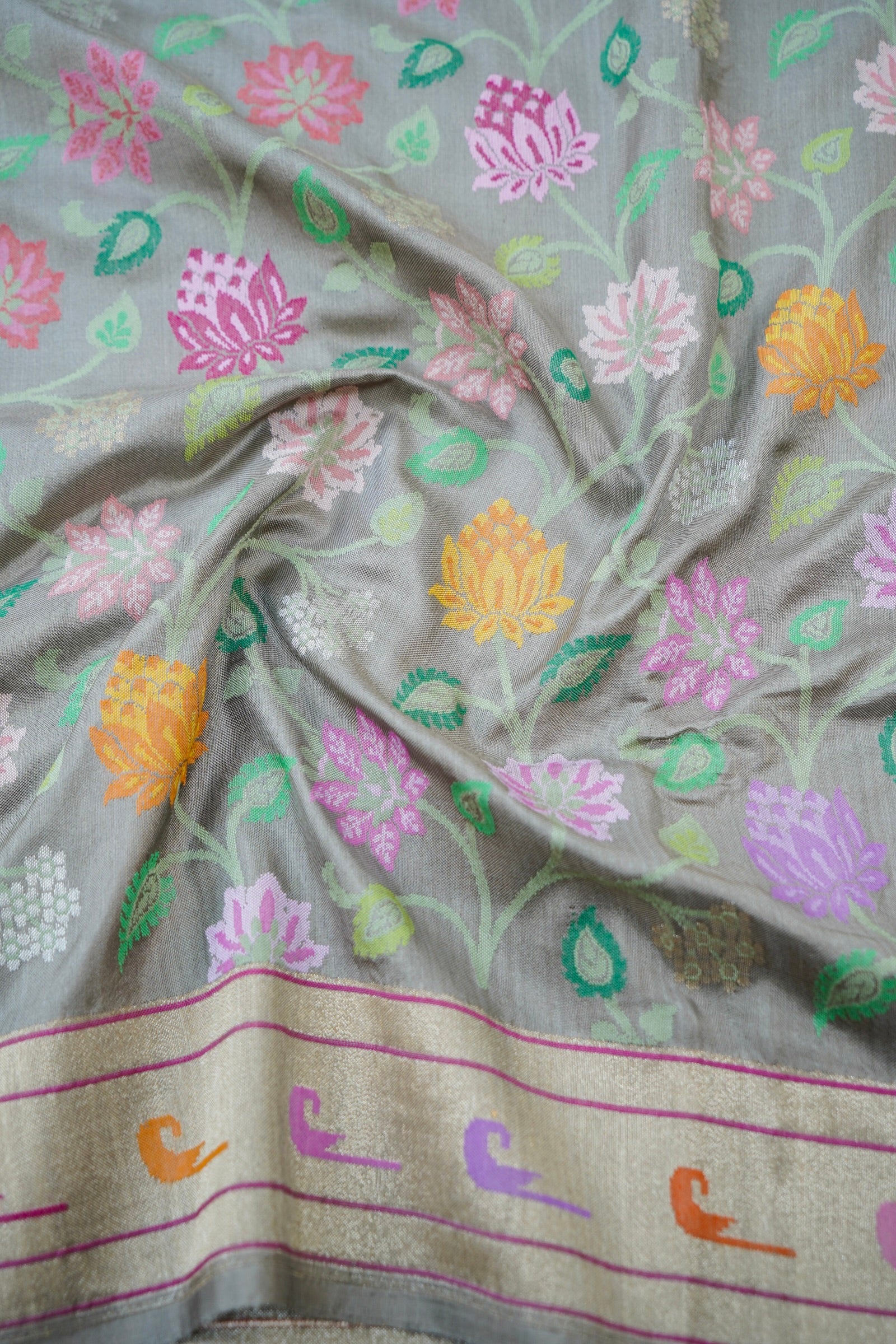 Banarasi Katan Silk Ektara Real Zari Handwoven Saree in Silver Grey - Khinkhwab