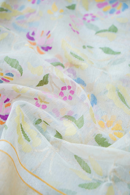 Banarasi Cotton Jamdani Real Zari Handwoven Saree in White - Khinkhwab