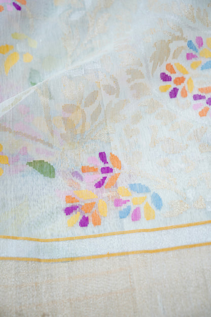 Banarasi Cotton Jamdani Real Zari Handwoven Saree in White - Khinkhwab