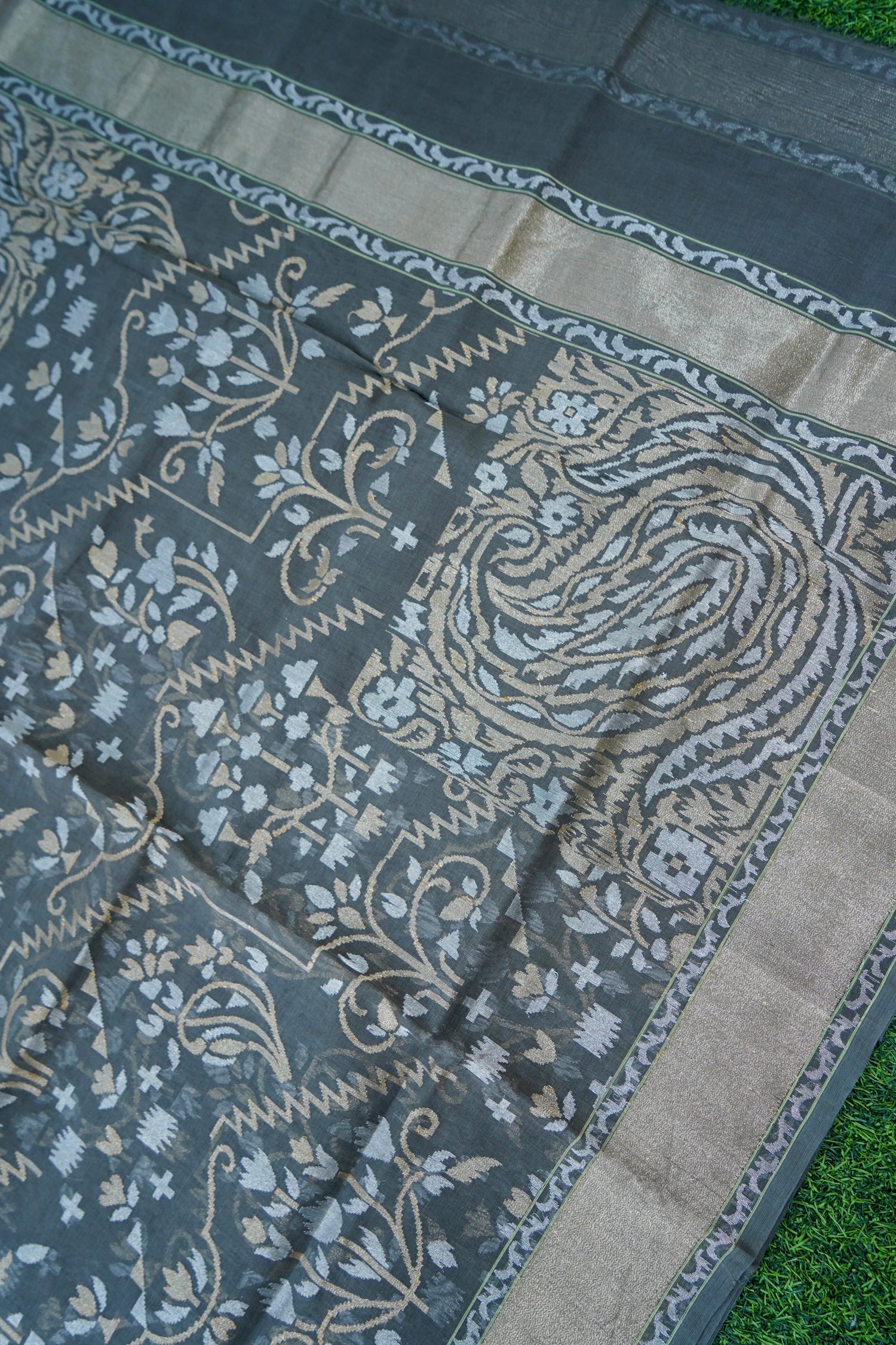 Banarasi Cotton Jamdani Real Zari Handwoven Saree in Charcoal Grey - Khinkhwab