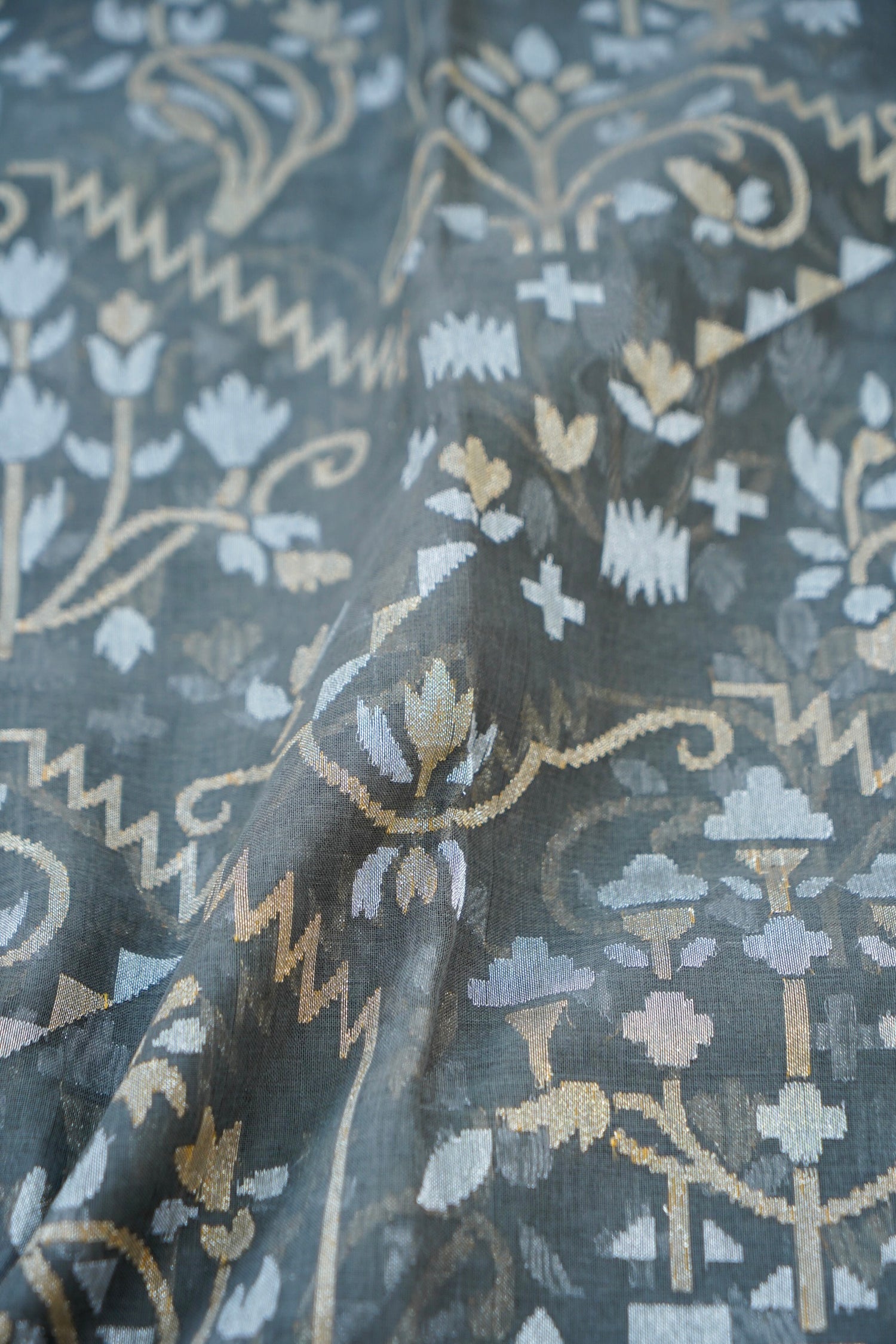 Banarasi Cotton Jamdani Real Zari Handwoven Saree in Charcoal Grey - Khinkhwab