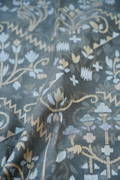 Banarasi Cotton Jamdani Real Zari Handwoven Saree in Charcoal Grey - Khinkhwab