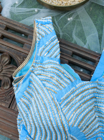 Organza Saree with Gajji Silk Bandhani Sequin Pallu | Royal Blue - Khinkhwab