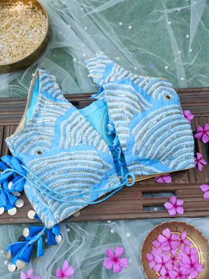 Organza Saree with Gajji Silk Bandhani Sequin Pallu | Royal Blue - Khinkhwab
