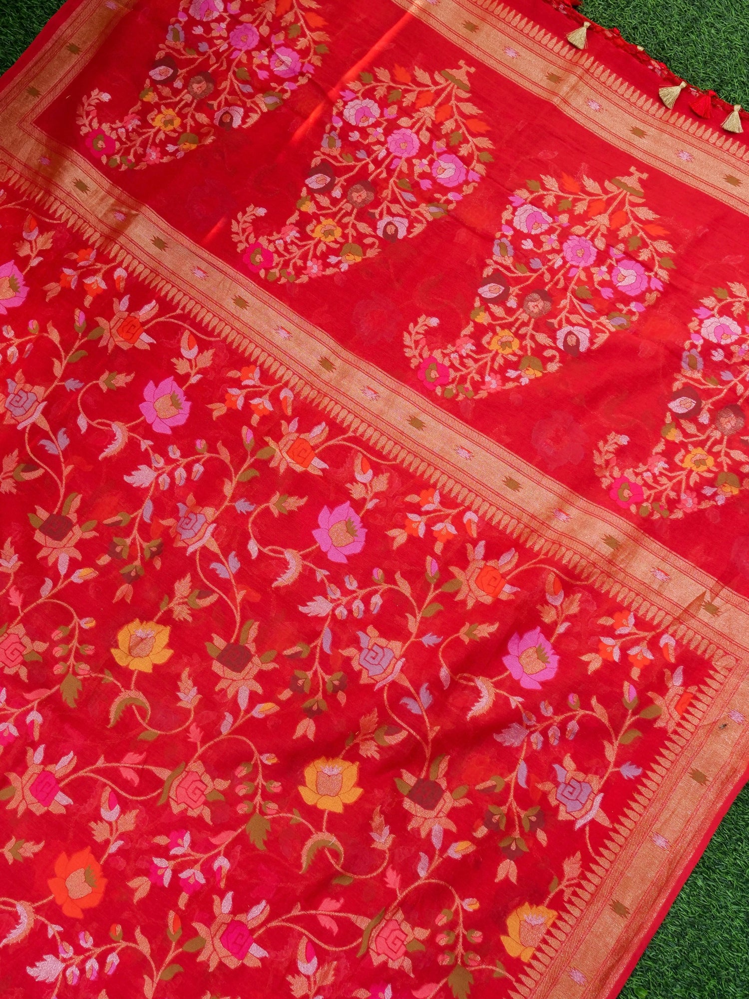 Banarasi Cotton Ektara Saree with Floral Vine Jaal | Red - Khinkhwab